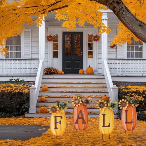 hogardeck Outdoor Fall Thanksgiving Decorations for Home, 4 PCS Metal Pumpkin Decorative Garden Stakes with Sunflowers for Fall Decorations, Yard Signs for Garden Home Lawn Patio - Image 2