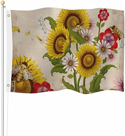Yekiua Honey Bees Wildflowers Flag 3X5 Ft Outdoor Retro Sunflowers Daisy Rose Floral Garden Autumn Fall Premium Strongest Longest Lasting Flag Vivid Color With Brass Grommets Colorful by Yekiua