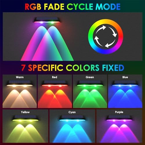 Solar Fence Lights Outdoor - Warm White & RGB 6 Color, Dusk to Dawn Solar Deck Light, Solar Lights Outdoor IP65 Waterproof, Garden Lights for Outside/Backyard/Railing/Step/Patio/Wall (8 Pack) - Image 4