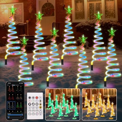 24'' Christmas Pathway Lights Outdoor, 8 Pack Multicolor 152 LEDs Smart Spiral Xmas Tree Light with APP&Remote, DIY, Timer, Waterproof LED Christmas Outdoor Decorations for Yard Patio Walkway (2FT*8) by PZETCEIR