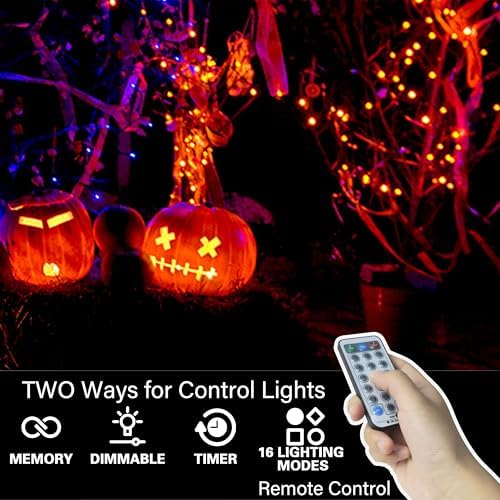 LAMPHOME 33ft Halloween Decorative Mini Lights, 100 LED Transparent Wire Fairy Starry String Lights Plug in, 16 Lighting Modes, for Halloween Decoration Outdoor Party Decoration (Orange and Purple) - Image 2