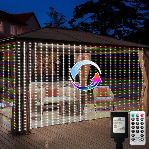echosari 20Ft x 10Ft Large Curtain Lights Plug in, 600 LED Dual Color Changing Outdoor Curtain Lights Waterproof Connectable with Remote for Wedding Backdrop Yard Decor (Cool White & Multicolor) by echosari
