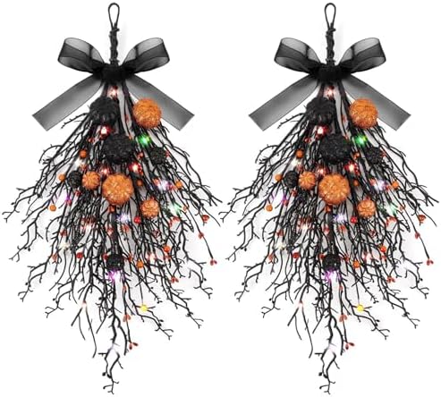 2 PCS Halloween Wreaths Halloween Floral Teardrop Swags Hanging Swag Plants Black Garland with Pumpkin Berries and 9.8ft Lights for Indoor Outdoor Party Wall Home Room Fireplace Porch Window Decor by Unknown