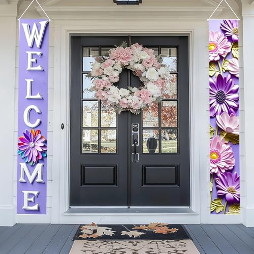 Porch Banners 71x12 Inch Welcome Purple Floral Spring Summer Decor - Image 4