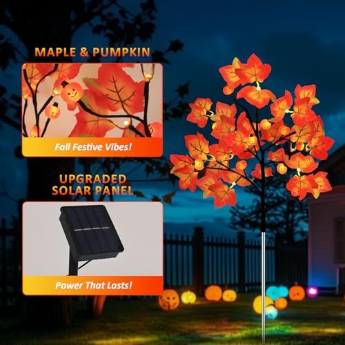 Lmtocs 4 Packs Solar Fall Thanksgiving Decorations Outdoor, 80LED Maple Leaf Pumpkin Fall Lights for Outdoor Fall Decorations, Waterproof Thanksgiving Lights for Yard, Pathway Harvest Decor - Image 6