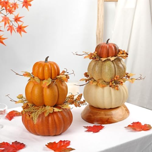 Artificial Pumpkin Fall Décor - Autumn Table Centerpieces with Faux Berries, Maple Leaves, Stacked Pumpkins – Halloween, Thanksgiving & Harvest Home Decoration - Image 5