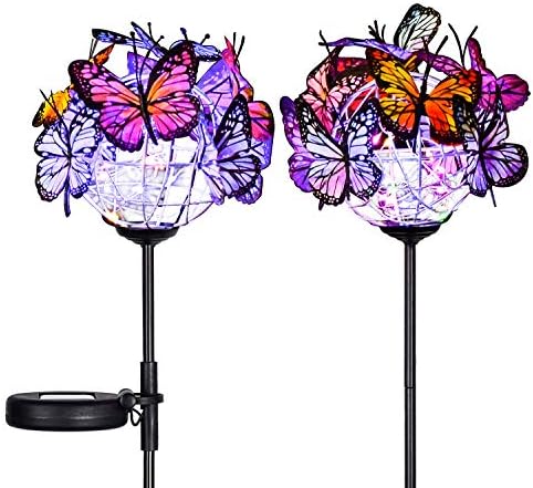 Outdoor Solar Garden Lights - 2 Pack Solar Powered Garden Stake Lights with 18 Butterflies and Copper String Lights, Multicolor by Doingart