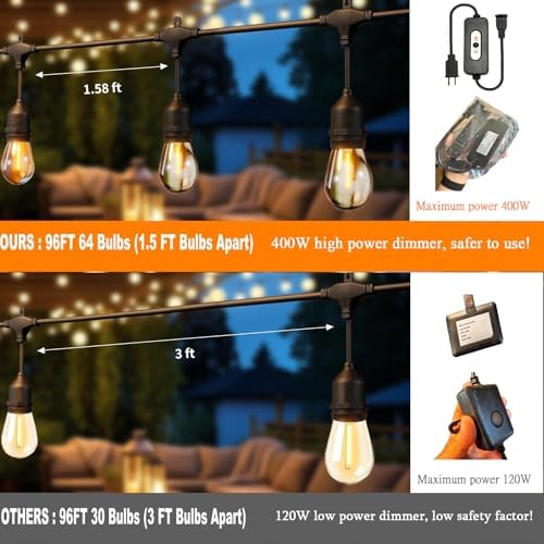 100FT Outdoor String Lights, 60+4 Bulbs,2200K amber glow,400W Dimmer Remote - Image 3