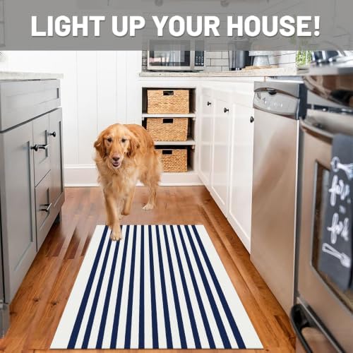 IOHOUZE 2.3x3.6 Striped Outdoor Doormat, Washable Door Rug, Navy White - Image 3