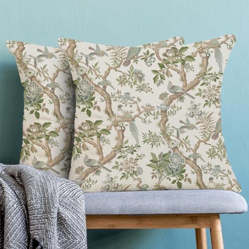 CXMEIFLY Chinoiserie Spring Pillow Covers 18 x 18 Inch Set of 2 for Sage Green Blue Vintage Flowers Bird Decor Throw Pillows Plant Farmhouse Outdoor Decorative Cushion Cases for Couch Bed Decorations - Image 2