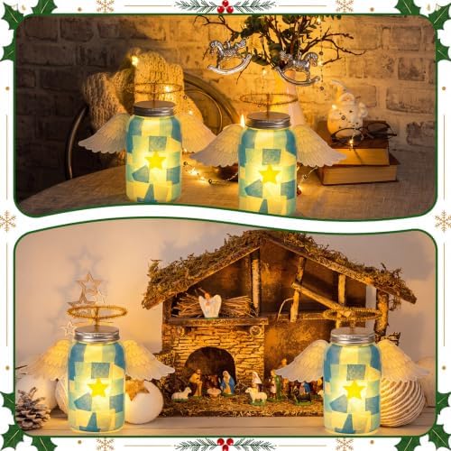Qinyoung 12 Pcs Angel Christmas Crafts Mason Jars Tissue Paper Crafts with LED Candle Light DIY Suncatchers Decoration Make Your Own Angel Mason Jars Supplies for Xmas Winter Decoration - Image 4