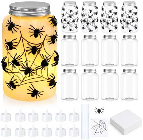 Qinyoung 12 Pcs Halloween Spiderweb Craft Spiders Mason Jars with LED Light by Qinyoung