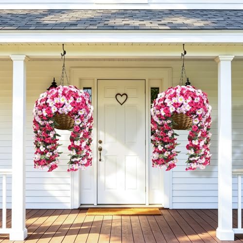 Artificial Hanging Flowers for Outdoors, 2 PCS 272 Blooms UV Resistant Morning Glory Faux Silk Vines, No-Odor Realistic Fake Plants for Garden Planter Porch Patio Decoration, Fuchsia Pink - Image 7
