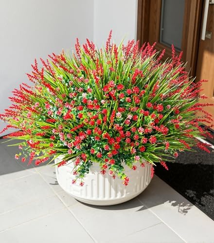 HyeFlora 20 Bundles Artificial Fake Outdoor Plants Flowers for Spring Decoration, UV Resistant Realistic Red Plastic Flowers Faux Plant Monkey Grass for Planter Home Garden Porch Patio Window Box - Image 2