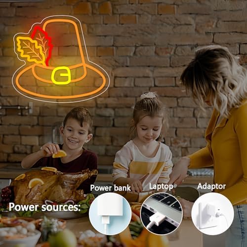 Thanksgiving Hat Neon Sign Thanksgiving LED Neon Light Decoration Glowing Sign USB Powered Wall Hanging Decoration for Fall Neon Sign, carnival, indoor Thanksgiving decoration. - Image 5