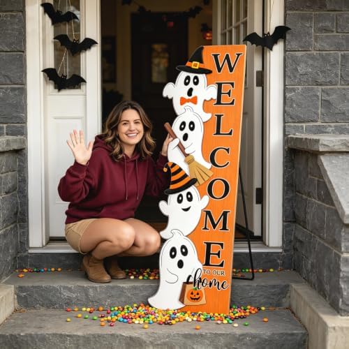 Welcome Sign Stand for Front Door, 47" Vertical Autumn Welcome Porch Sign Wall Hanging for Outdoor Patio Garden, Rustic Large Tall Porch Leaner Decor for Thanksgiving (ghost, colorful) - Image 5