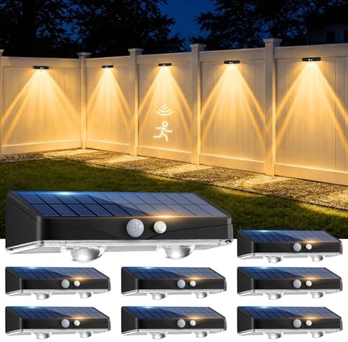 kolpop Warm White Solar Fence Lights Outdoor,8 Pack Fence Lights Solar Powered with Motion Sensor,IP65 Waterproof,3 Modes LED Solar Lights for Patio,Backyard,Railing,Wall,Nighttime,Party,Pool by kolpop