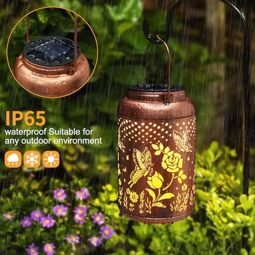 Rose Butterfly Decoration Solar Lanterns Outdoor Waterproof Garden Decor Gifts for Women Mon Grandma Metal Hanging Solar Lights for Outside LED Lanterns for Yard, Patio - Image 3