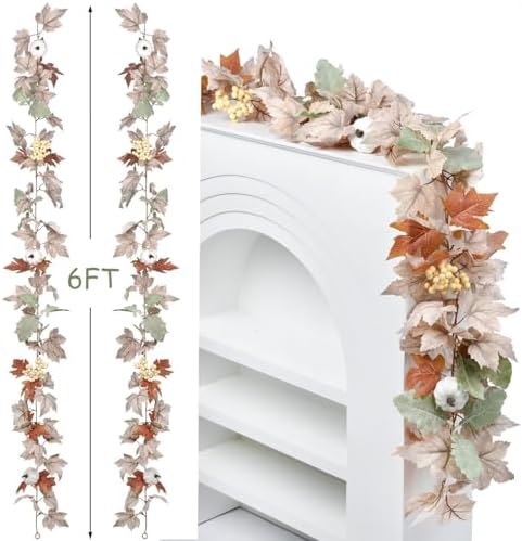 DearHouse 2 Pack Fall Garland Maple Leaf, 5.9Ft/Piece Hanging Vine Garlands Artificial Autumn Foliage Garland Thanksgiving Decor for Home Wedding Fireplace Party Christmas (White&Green) - Image 7