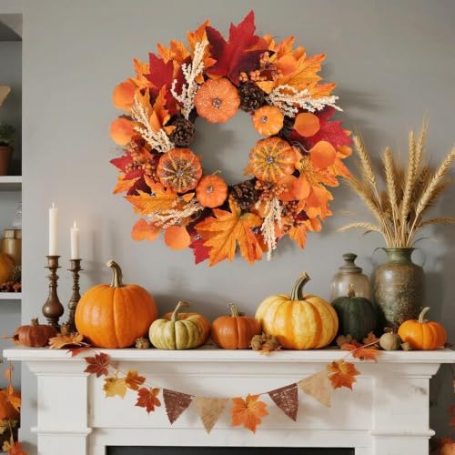 24 Inch Fall Wreaths Decorations Maples Autumn Wreath with Hanger - Image 4