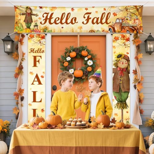 AIBIIN 3pcs Hello Fall Porch Decor Autumn Harvest Porch Banner Sign Thanksgiving Scarecrow Pumpkin Front Door Sign Hanging Home Farmhouse Yard Harvest Party Decorations - Image 5