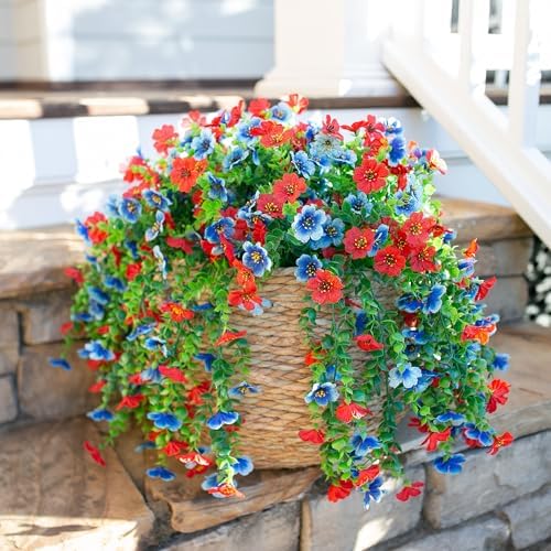 HyeFlora Faux Flowers for Outdoors Decoration, 2Pcs Artificial Fake Hanging Spring Summer Decor, Red and Blue Realistic Plants, UV & Fading Resistant Silk Flower for Porch Patio Balcony Planter Yard - Image 6