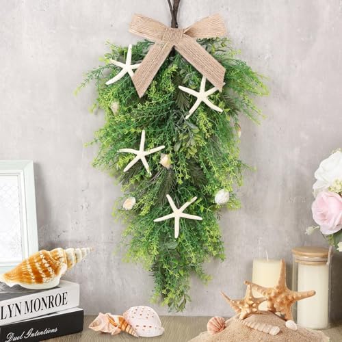 2 Pcs 24"Coastal Teardrop Swag Beach Seashell Starfish Wreath with Green Leaves for Front Door Wedding Farmhouse Starfish Conch Shells Wreath for Indoor Outdoor Spring Summer All Seasons Home Decor ﻿ - Image 2