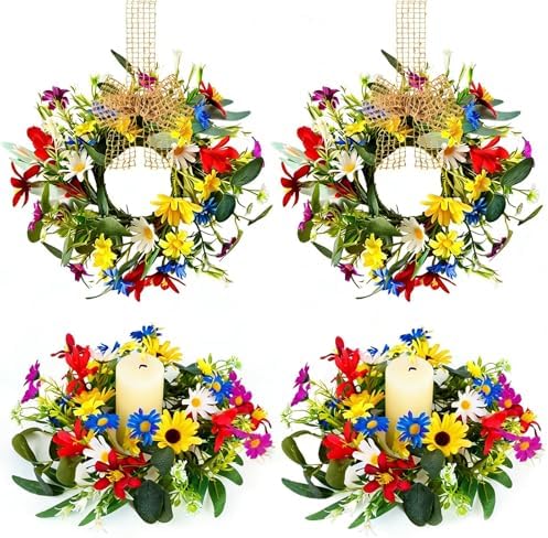 4 PCS 9'' Mini Floral Kitchen Cabinet Wreath Small Artificial Spring Summer Wreath for Front Door with Burlap Ribbon Sunflowers Daisy Butterfly Hanging Farmhouse Wreaths for Porch Wall Window Decor by Unknown