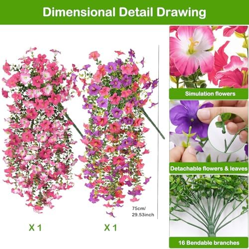 Artificial Hanging Flowers for Outdoors Spring Summer Decoration, 2 PCS Faux Silk Morning Glory Flowers UV Resistant Artificial Hanging Plants Realistic Long Vines for Garden Porch Patio (Pink) - Image 2