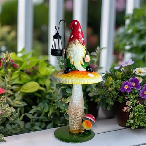 HONGLAND Solar Garden Gnomes Outdoor Statue, Waterproof Outdoor Mushroom Decor with Solar Lantern LED Lights for Yard, Patio, Lawn Ornaments, Ideal Gifts for Mom Grandm, Housewarming Gifts-16.5" - Image 4