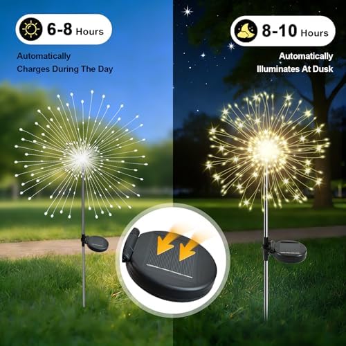 Solar Garden Lights Outdoor, 2 Pack 120 LED Twinkling Firework Lights Decorative with 2 Modes, Outdoor Waterproof Solar Starburst Light for Yard Pathway Planter Patio Decor, Warm White - Image 2