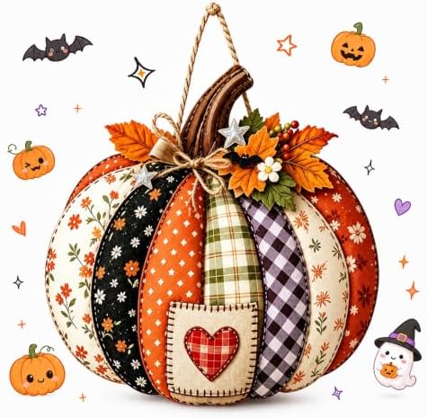 Autumn Retro Patchwork Pumpkin Door Hanging with Lights，D by Vioshon