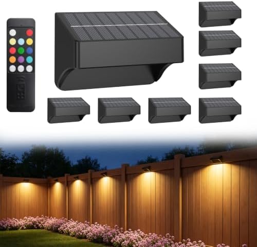 ZCXLIGHT Solar Fence Lights Outdoor, 10 Color Fence Solar Lights Outdoor with Remote Control Long Lasting, Ultra Bright IP65 Waterproof LED Solar Wall Lights for Fence Deck Step (8) by ZCXLIGHT