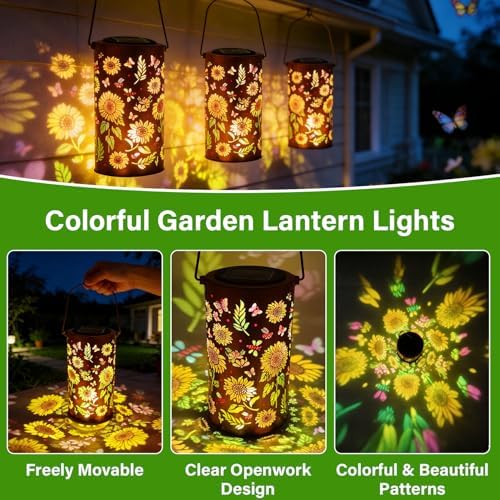 Colorful Solar Lanterns Outdoor Waterproof, Garden Decor Gifts for Women Mom Grandma - LED Colorful Sunflower Solar Powered Lights Metal Hanging Lantern for Outside Garden Patio Yard Lawn Porch Decor - Image 3