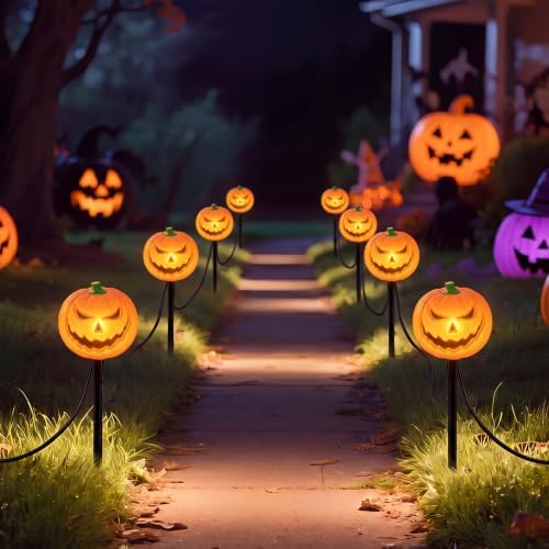 Halloween Pumpkin Pathway Lights, 7 FT 4 Pack Plug In LED Stake Lights by Oviejo