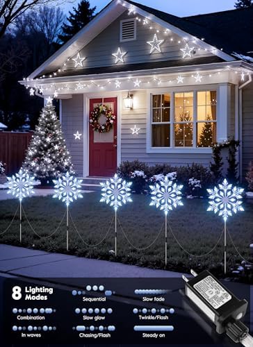 Brightown Snowflake Lights Outdoor, 2 Sets Total 20 Large Snowflake Christmas Pathway Lights, Christmas Decorations Outside Yard Sidewalk Walkway Driveway Marker Stake, White - Image 2