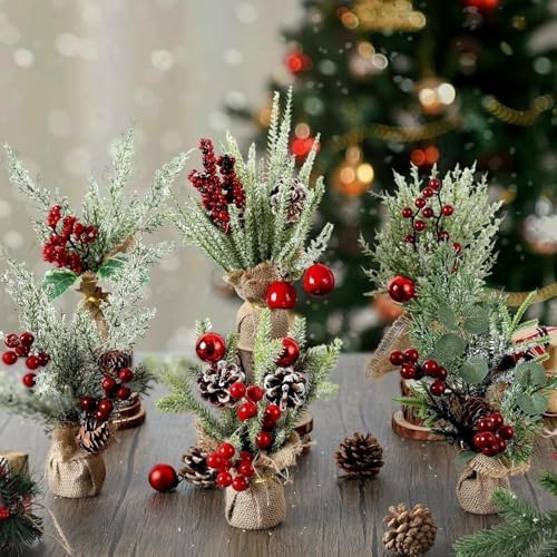 YLOLUL 6 Pcs Mini Christmas Tree Table Decorations Artificial Small Christmas Trees for Farmhouse Christmas Centerpiece Table Decoration for Kitchen Table Decor (6, Classics, Mini) - Image 2