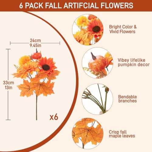 Artificial Fall Flowers for Outdoors, 6 PCS Pumpkin Sunflower Maple Leaves - Image 2
