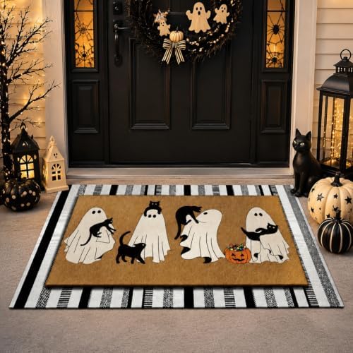 Drydiet 2 Pcs Halloween Door Mat Set, Ghost Cat Pumpkin Front Door Rug - Image 4
