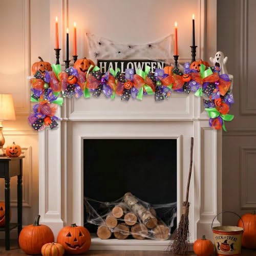 Halloween Garland for Mantle with Pumpkin Mesh Ribbons 6Ft - Image 3