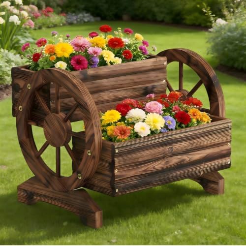 Wooden Wagon Planter Cute Garden Flower Pots Cart with wheels, Outdoor Decoration decor Indoor, Drainage hole, Garden decor for succulents herbs veggies for porch patio balcony (Carbonized, Medium) - Image 2