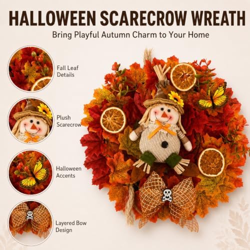 Lighted Scarecrow Fall Wreath for Front Door (L) - Image 2