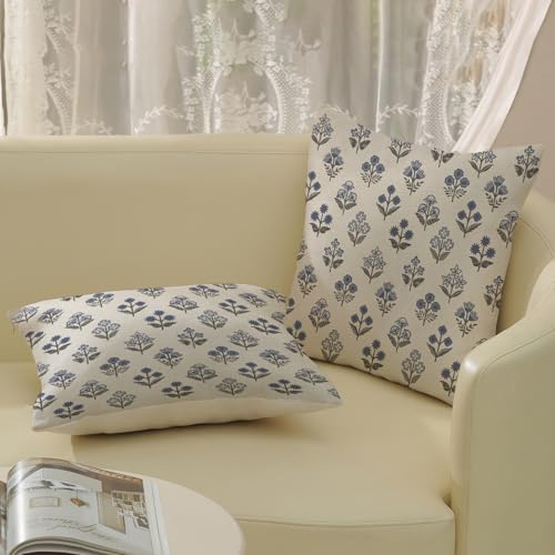 Blue Grey Pillow Covers 18x18 Inch 2 Pcs Gray Block Print Vintage Floral Decor Throw Pillows Boho Flower Spring Summer Outdoor Seasonal Decoration Pillowcase Linen Cushion Cover for Couch Sofa - Image 4