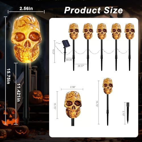 BRIGHTDECK Halloween Solar Pathway Lights Outdoor, LED Decor, Light Up Solar Stake Lights for Holiday, Halloween, Walkway, Sidewalk (Skull, 10-Pack) - Image 2