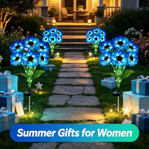VOOKRY Solar Garden Lights Outdoor, 4 Pack Blue Sunflower Lights with 24 Flowers, Waterproof Summer Garden Decor Solar Flowers for Yard Backyard Patio Flowerbed Yard, Gift for Mom Women - Image 6