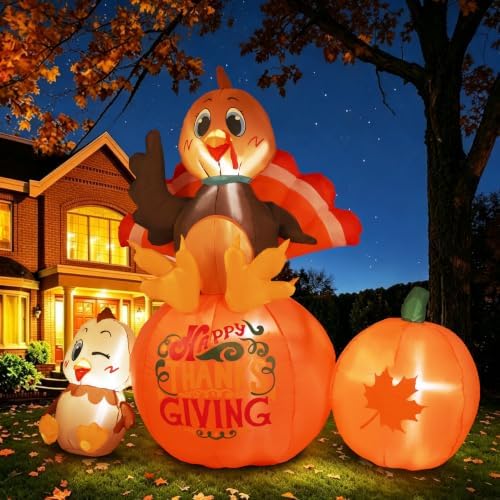 6.2FT Thanksgiving Inflatables Outdoor Decorations Turkey Sits on Pumpkin - Image 2