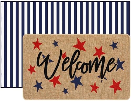 Tinideya 2 Pcs 4th of July Door Mat Outdoor Patriotic 250th Anniversary Welcome Doormat for Front Door Linen Rubber Layered USA Red White Blue Rug Nonslip Independence Day Decor for Porch Entryway - Image 6