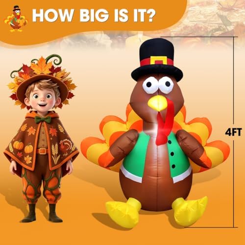 Thanksgiving Inflatables Turkey Outdoor Yard Decorations, 4FT Blow up Lighted Happy Turkey, Thanksgiving Festive Yard Decor Display Autumn Fall Lights Outdoor Decoration - Image 3