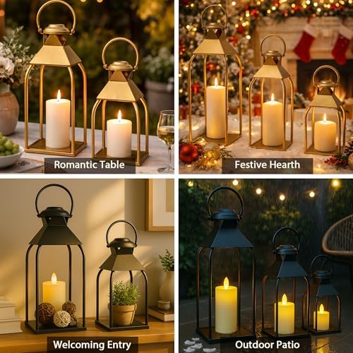 Decorative Metal Lanterns Indoor Outdoor, Candle Holder for Porch, Patio, Fireplace, Floor, Wedding, Christmas, Fall, Holiday, Farmhouse Table Centerpiece (Antique Gold, Set of 2 15.7" 12") - Image 4