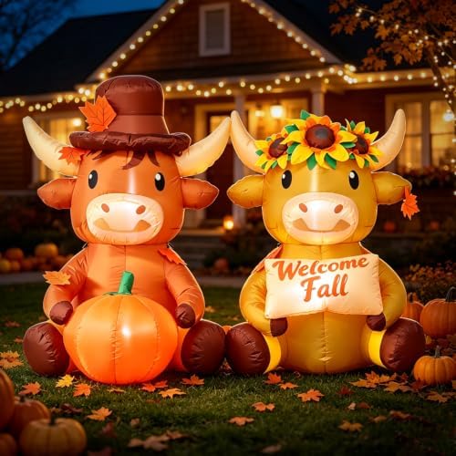 6 FT Fall Inflatable Highland Cow Couple with Pumpkin & Welcome Fall Sign - Image 6